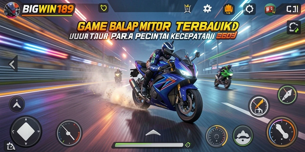 Screenshot utama BIGWIN189 menampilkan aksi balap motor yang mendebarkan di trek spektakuler.