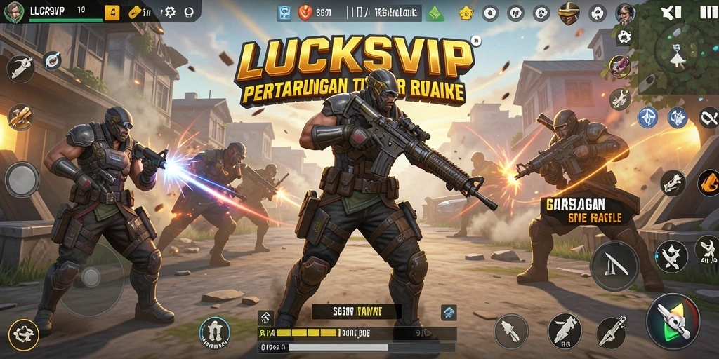 Tangkapan layar utama LUCKSVIP menampilkan aksi pertarungan seru dalam game Battle Royale.