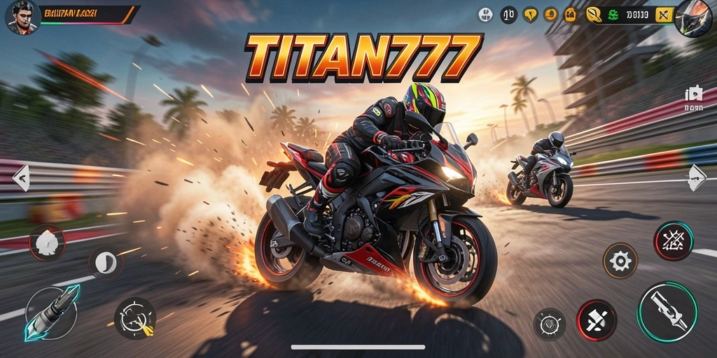 Tampilan gameplay seru dari balapan motor di TITAN777.